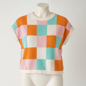 Cute Color Block Orange White Women's Boxy Fit Large Knit Crew Neck Sweater‎ Top